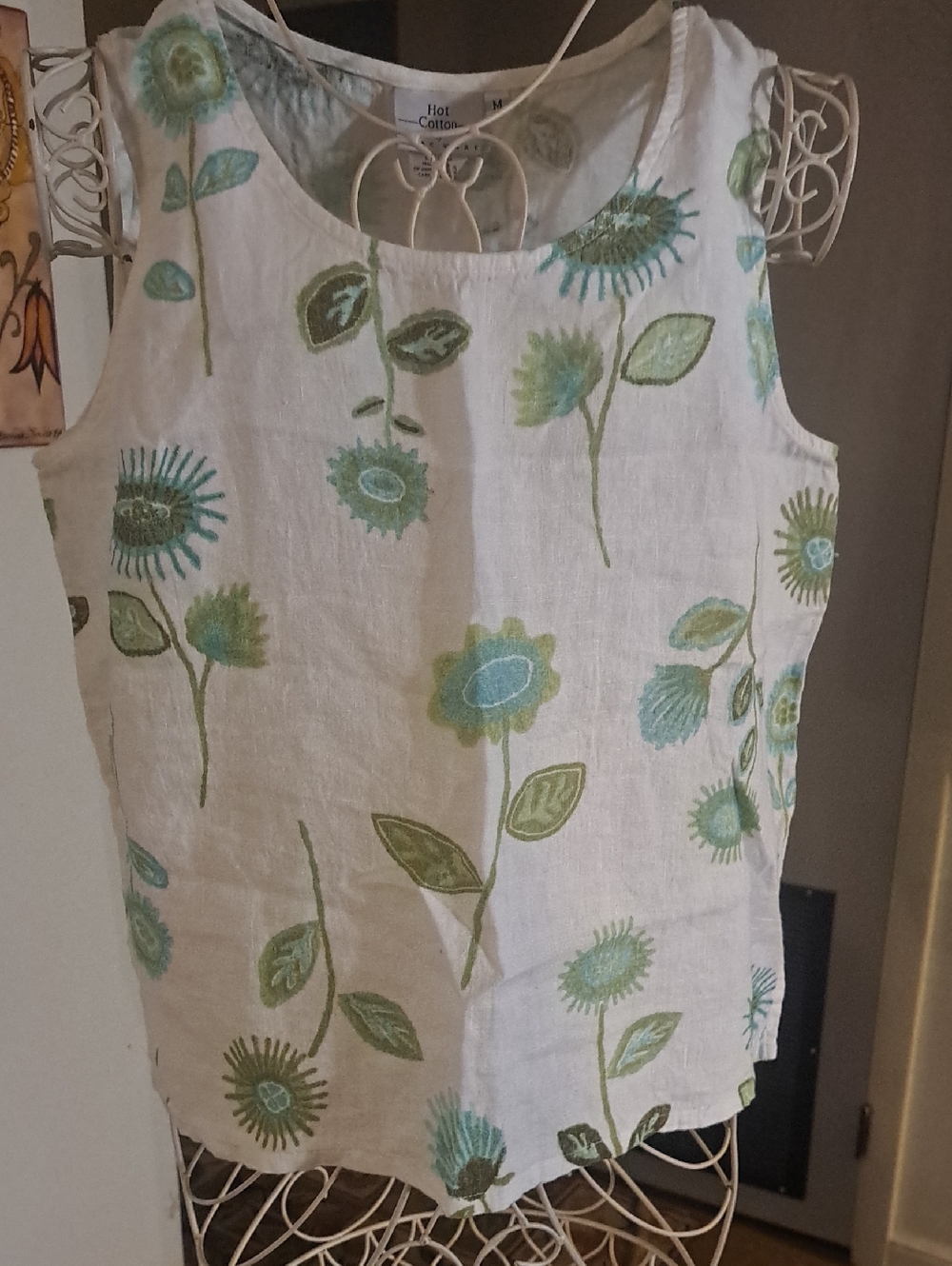 Hot Cotton White Linen Floral Tank with Green and Blue Print M
